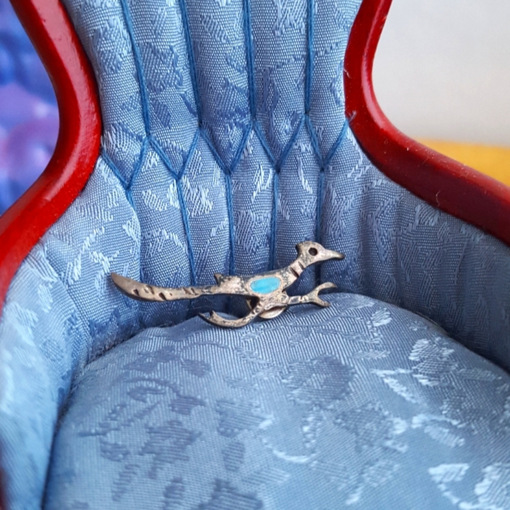 Old Pawn Roadrunner Silver Turquoise Pin